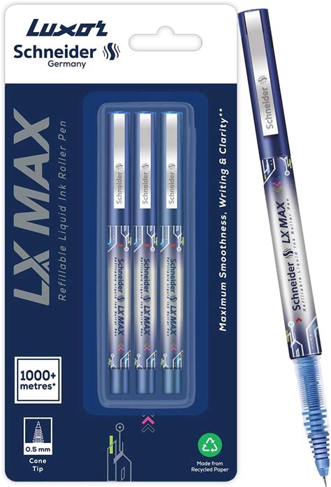 Luxor Schneider LX MAX roller ball pen, Pack of 3-Blue-Cone Tip, 0.5mm ...