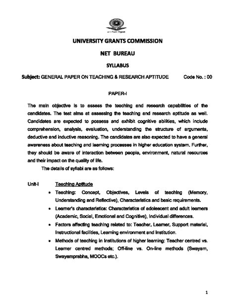 UCG NET Paper 1 Syllabus: Teaching & Research Aptitude Overview - Studocu