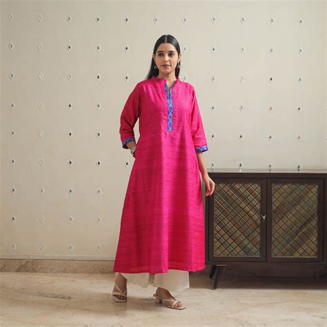 Pink Bhagalpuri Handwoven Desi Tussar Silk Plain Long Kurta for Women