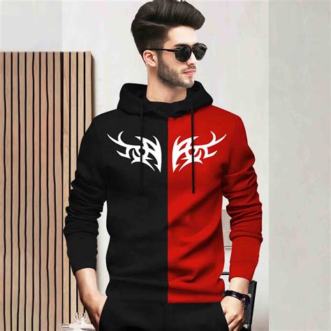 Mens Full Sleeve Hooded Neck Dual Color Printed T-shirt / Black & Red ...