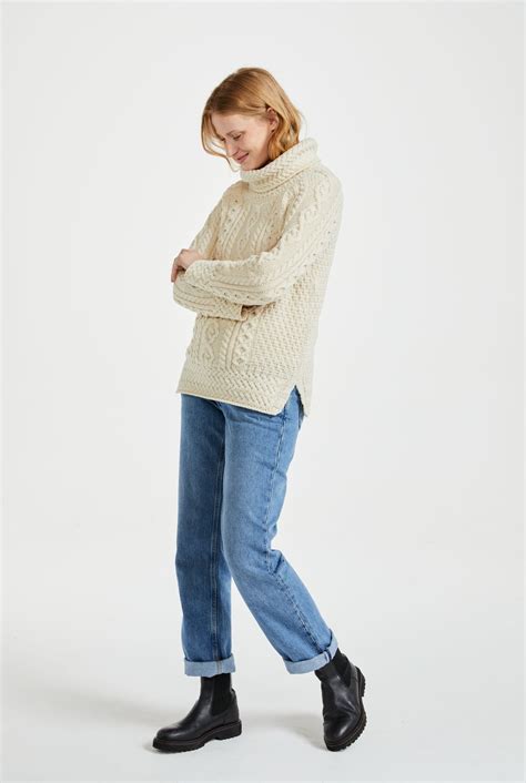 Belcare Ladies Aran Wool Roll Neck Sweater | Cream