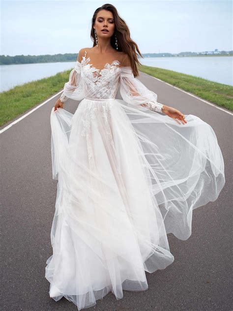 Wedding dress with off-the-shoulder bishop sleeves - wedding dress with shoulder sleeves
