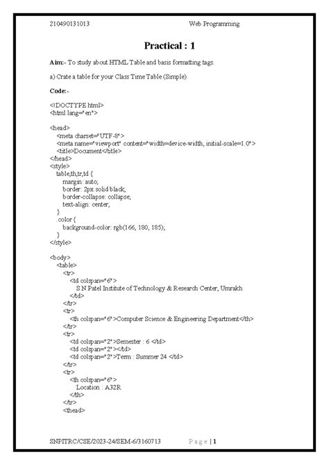 3160713 Web Programming - Practical : 1 Aim:- To study about HTML Table ...