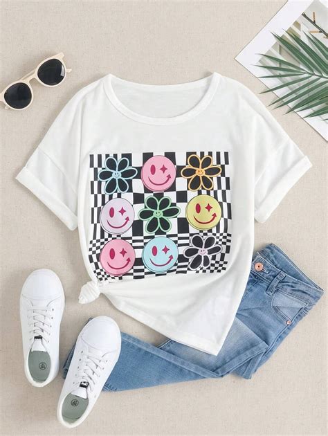 Tween dziewczynka Szachownica Wzór Emotikon & Kwiatowy nadruk Koszulka ...