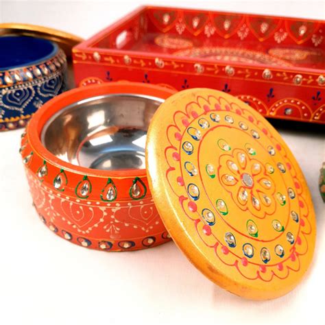 Serving Tray Wooden With Four Steel Bowls & Lid – Decors Mantra