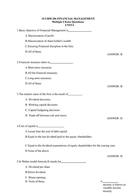 Financial Management - 18 UBM 306 FINANCIAL MANAGEMENT Multiple Choice ...