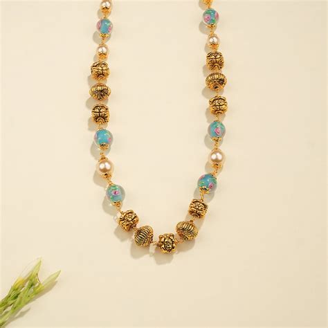 Silver Antique Beaded Mala with Blue Floral Accents and Pearls – Padmam