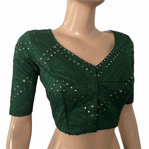 Mirror Work Embroidered Art Silk Blouse with V neck & Lining, Bottle G ...