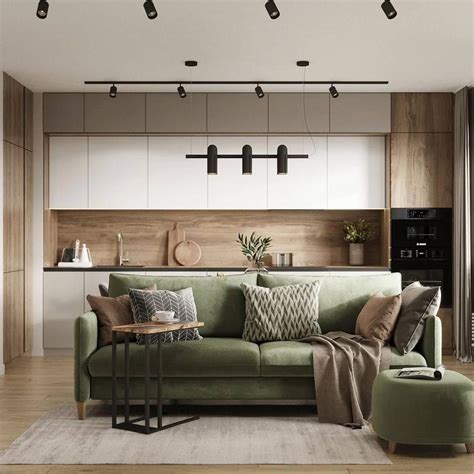 Scandinavian Living Room with Natural Wood and Olive Green Accents