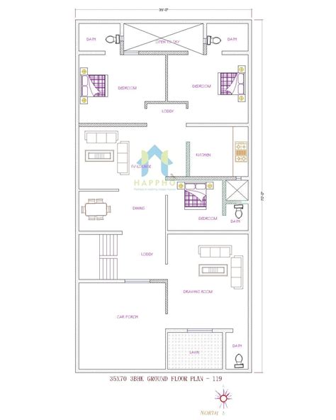 35X70 North Facing Plot 3 BHK House Plan-119