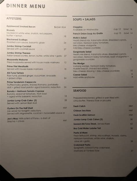 Menu at Malio's Beach House restaurant, Saint Pete Beach
