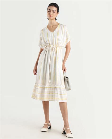 Rareism Women's Oxaca White Cotton Blend V-Neck Striped Extended Sleev