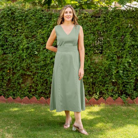 Buy Smoke Green Cotton V-Neck Sleeveless Maxi Dress Online at ...