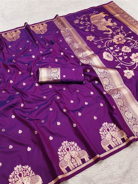 Royal Deep Purple Silk Saree with Gold Zari Elephant Motifs & Ornate B ...