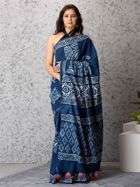 Buy Indigo Dabu Hand Block Printed Cotton Mul Saree | MAY_DPCS_10/MYE2 ...