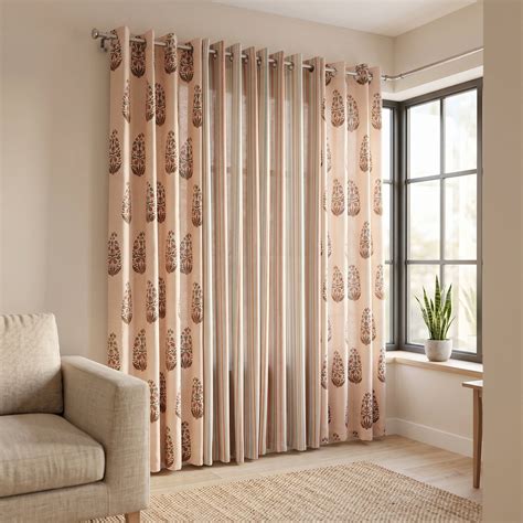 Cotton Curtain Set Combo | Floral & Striped Beige Window Curtains ...