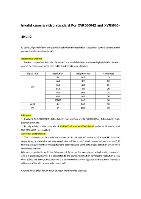 Invalid camera video standard For XVR5000-I2 and XVR5000-4KL-I2 ...
