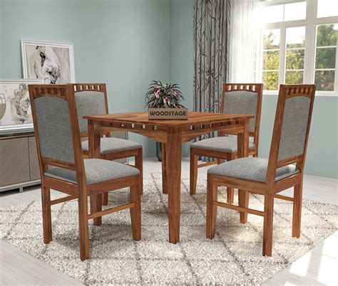 Sheesham Wood Dining Table Set with 4 Cushioned Chairs (Honey Finish ...