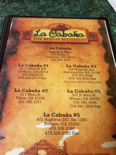Menu at La Cabana Mexican Restaurant, Hawkinsville