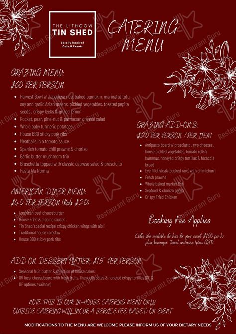 Menu at The Lithgow Tin Shed cafe, Lithgow, 69 Bridge St