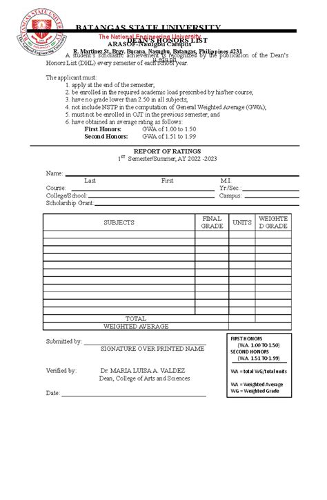 CAS Dean's Honors List Application Form Guidelines - Studocu