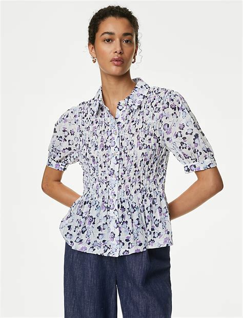 Buy Floral Collared Shirred Puff Sleeve Shirt at Marks & Spencer