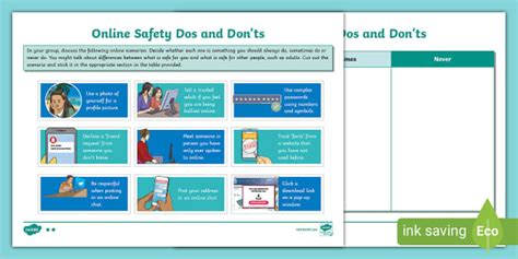 Online Safety Dos and Don'ts Internet Safety Worksheet