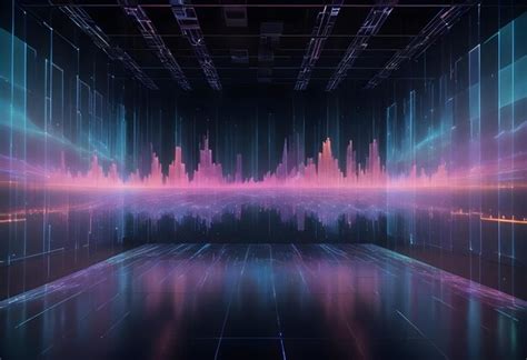 A futuristic room with a large blue and pink digital display the ...