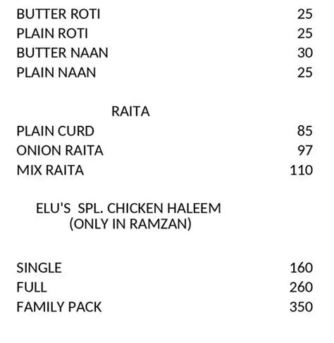 Menu at Elus Biryani, Hyderabad