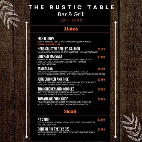 Dine-in Menu | The Rustic Table Bar & Grill