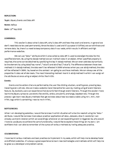 Reflection - gfds - REFLECTION: Topic: JQuery Events and Data API Name ...