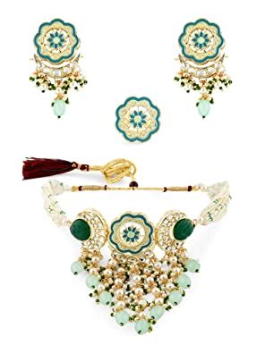 Buy ZAVERI PEARLS Turquoise Blue & Green Meenakari Cascading Waterfall ...