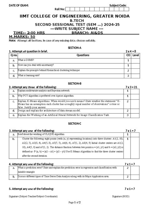 B.TECH 2nd Sessional Test: Data Stream & Clustering Techniques - Studocu