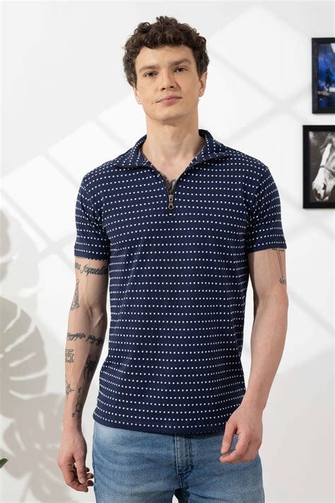 Navy Blue Self Desing Cotton Zipper T-Shirt – Gritstones
