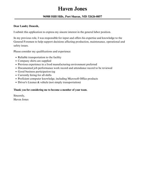 General Labor Cover Letter | Velvet Jobs