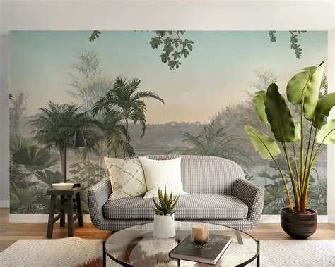 Tropical Trees Mural - Serene Sky Wallpaper for Homes
