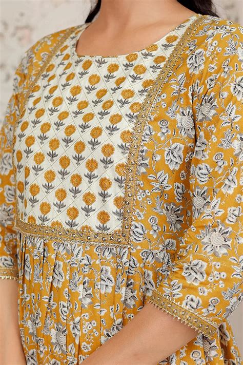 Mustard Floral Printed Gotta Thread Work Kurta with Trouser – Gulab ...