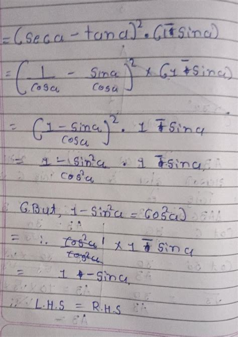 (sec a-tan a )^2(1 sin a )=1 -sina Prove that lhs = rhs - Brainly.in