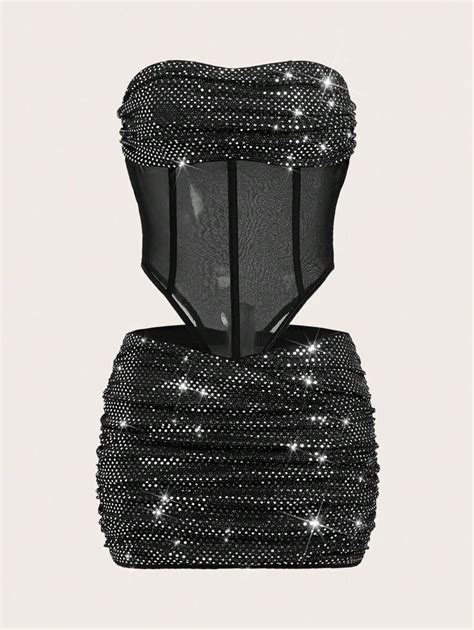 SHEIN ICON Plus Size Women's Bodycon Mesh Panel Bandage Strapless Dress ...