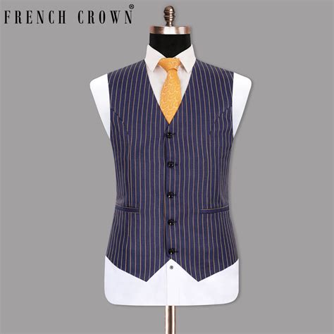 Gulf Blue Striped Premium Cotton Waistcoats For Men