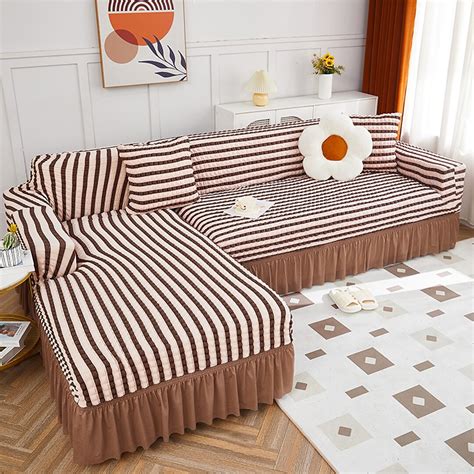 2025 L Shape Turkish Bubble Frill Sofa Covers : Beige Brown Stripe ...