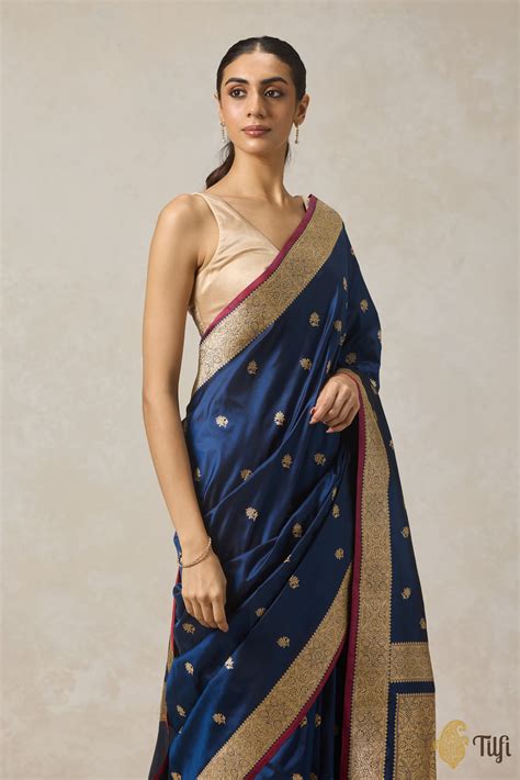 Navy Blue Pure Katan Silk Banarasi Handloom Saree - Tilfi