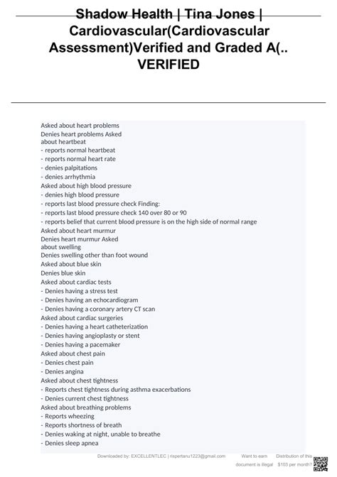 Shadow Health | Tina Jones | Cardiovascular(Cardiovascular Assessment)Verified and Graded A ...