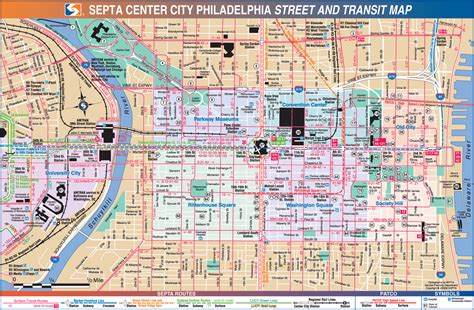 Center City street & transit map | Transit map, Philadelphia street, Center city