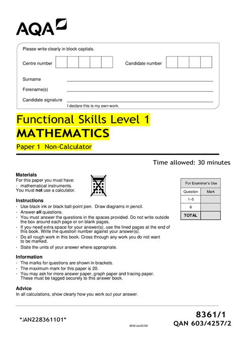 AQA MATHEMATICS 8361/1 Functional Skills Level 1 MATHEMATICS Paper 1 ...