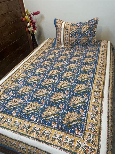 Buy Mustard Blue Blossom Single Bedsheet with Pillow Cover ...