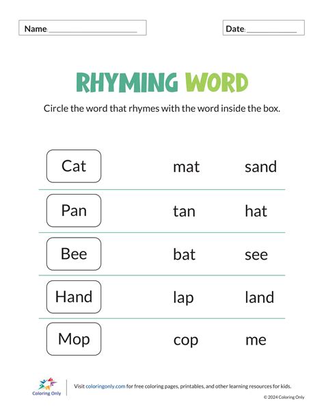 Rhyming Words Worksheet Printable