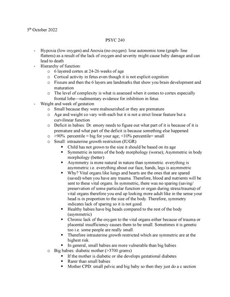 Psyc 240 Notes (5:10:2022) - 5 th October 2022 PSYC 240 Hypoxia (low ...