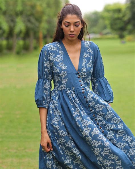 Buy Blue Front Slit Block Printed Cotton Dress | Bestseller