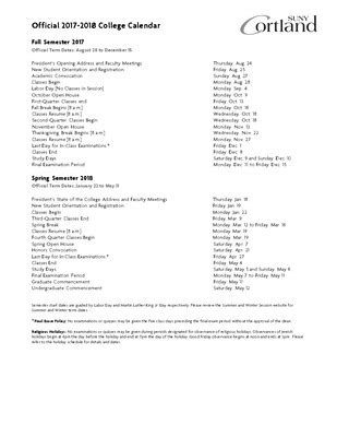"Academic Calendar, 2017-2018" by State University of New York College ...